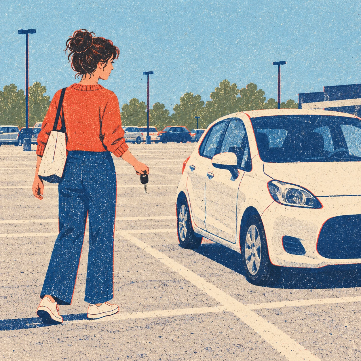 有料駐車場で停めた車へ歩くドライバーのイラスト（レトロ印刷）