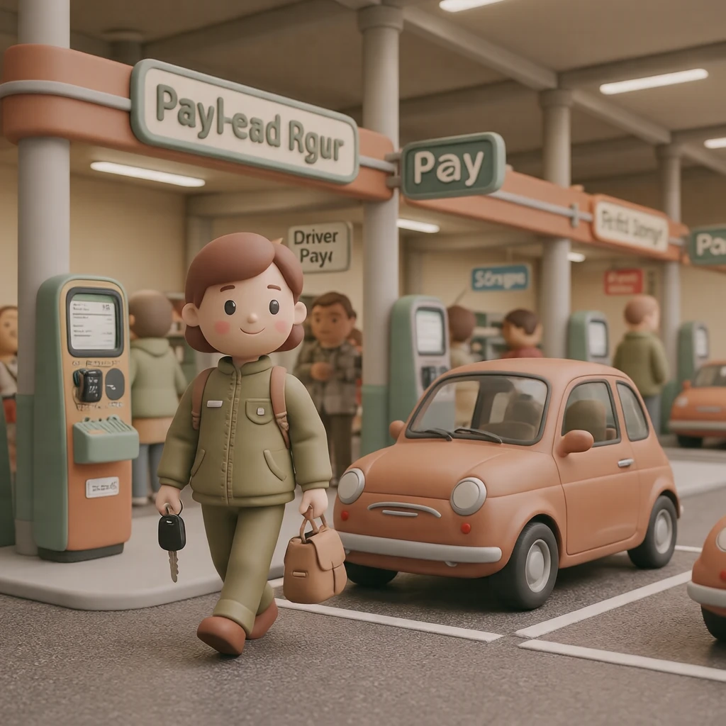 Illustration of one driver walking toward a parked small car with the car key in one hand, in a large open pay car park, on an ordinary weekday (soft 3D)