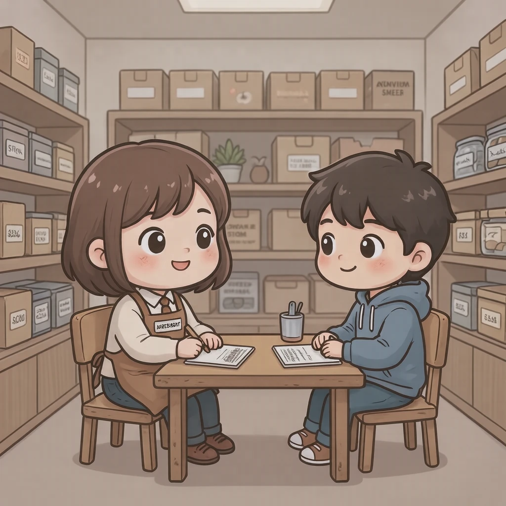 가게 안쪽에서 점장과 마주 앉은 아르바이트 면접 일러스트 (SD 캐릭터)