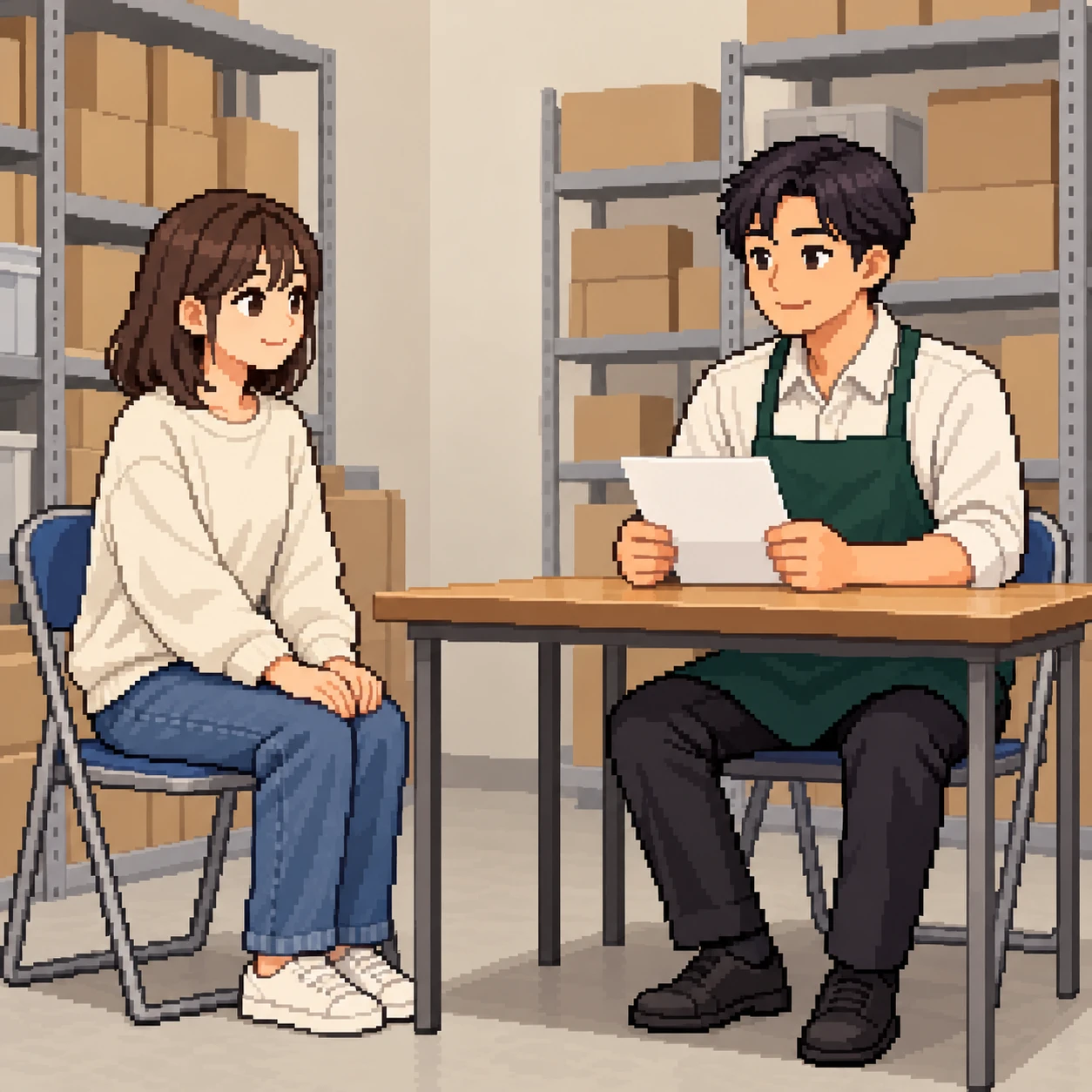 お店の奥で店長と向き合うアルバイト面接のイラスト(ドット絵)