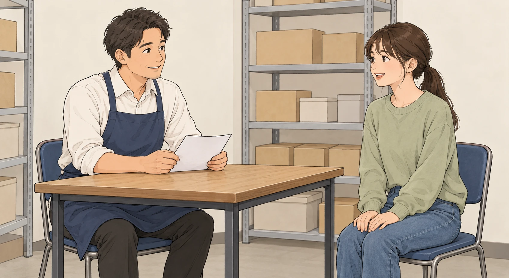 お店の奥で店長と向き合うアルバイト面接のイラスト(手描き風)