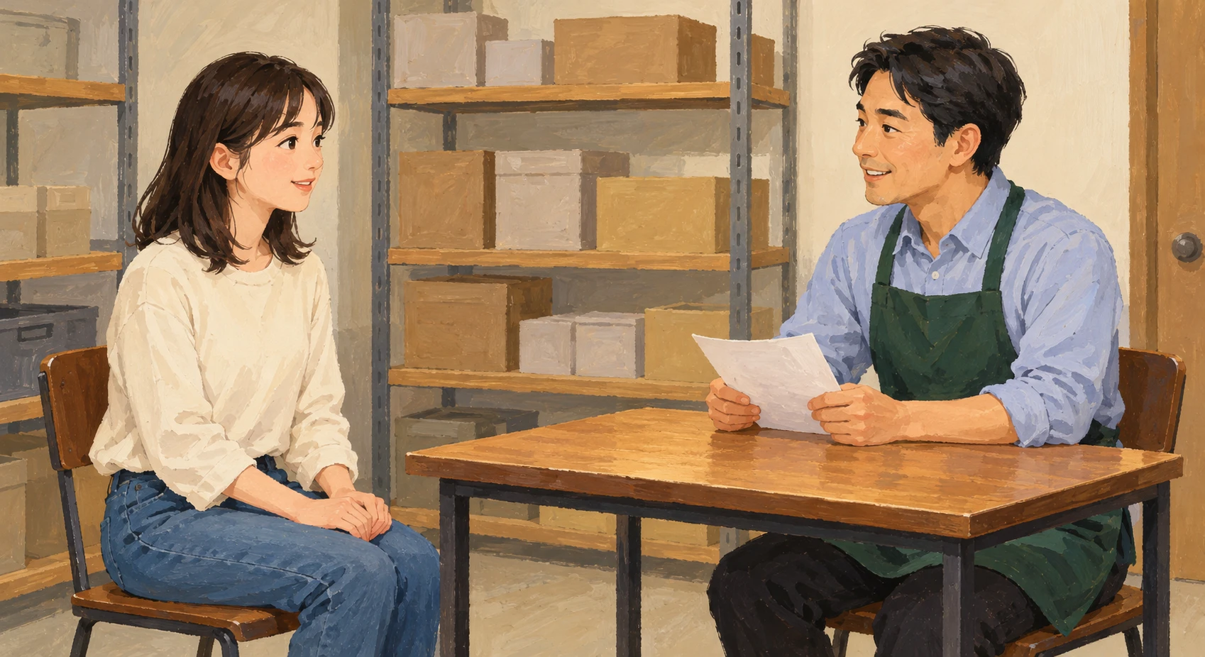 Illustration of a part-time job interview with a store manager (gouache)