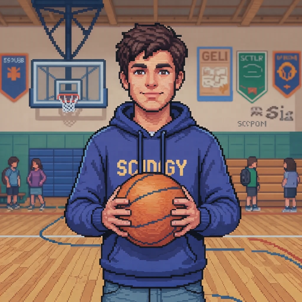 体育の授業でボールを持つ生徒のイラスト（ドット絵）