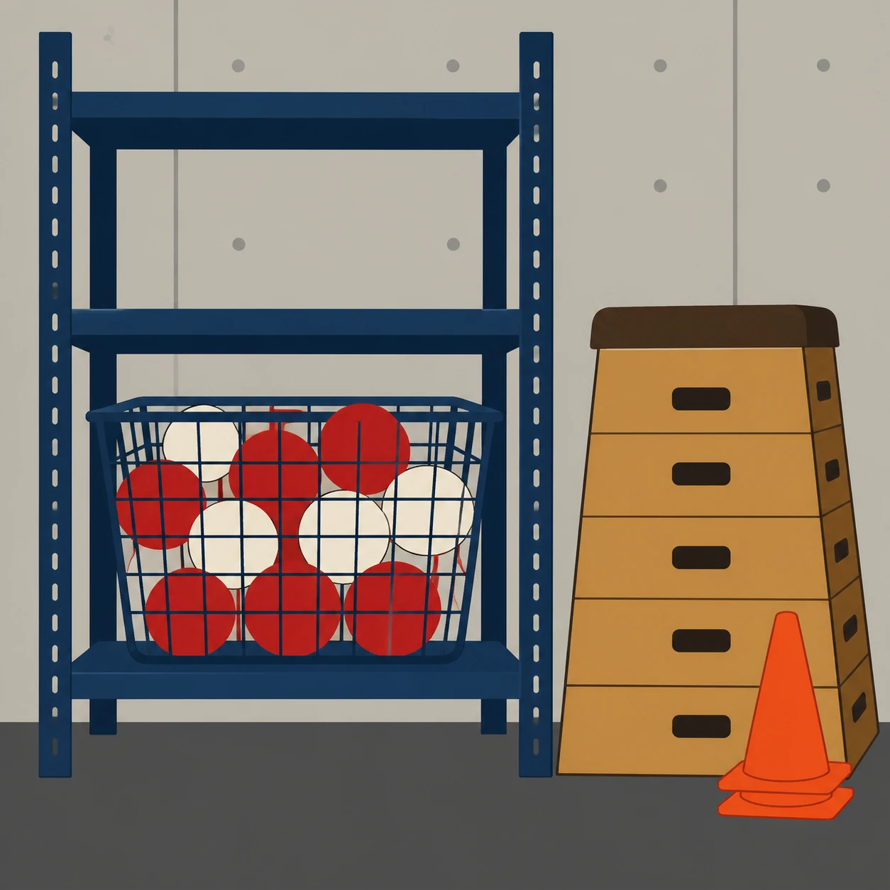Flat illustration of a ball basket and a vaulting box in a school gym storage room