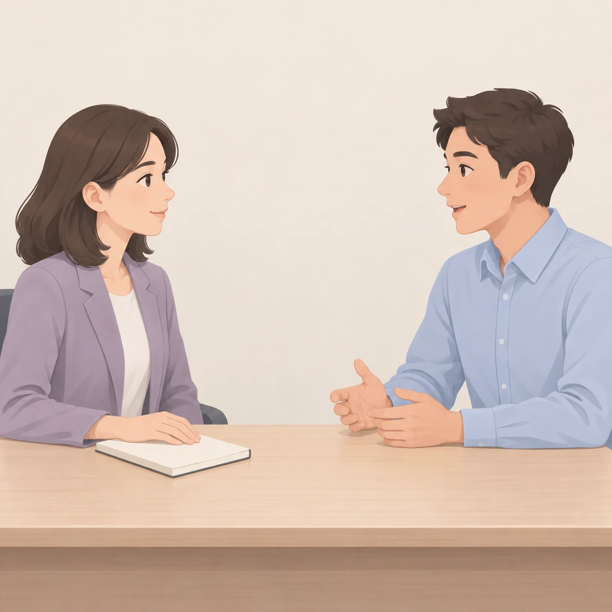 机をはさんで面談する2人の会社員のイラスト(ソフトパステル)