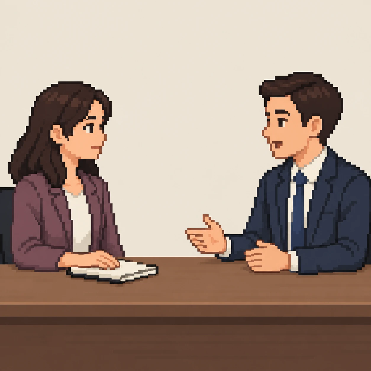机をはさんで面談する2人の会社員のイラスト（ドット絵）