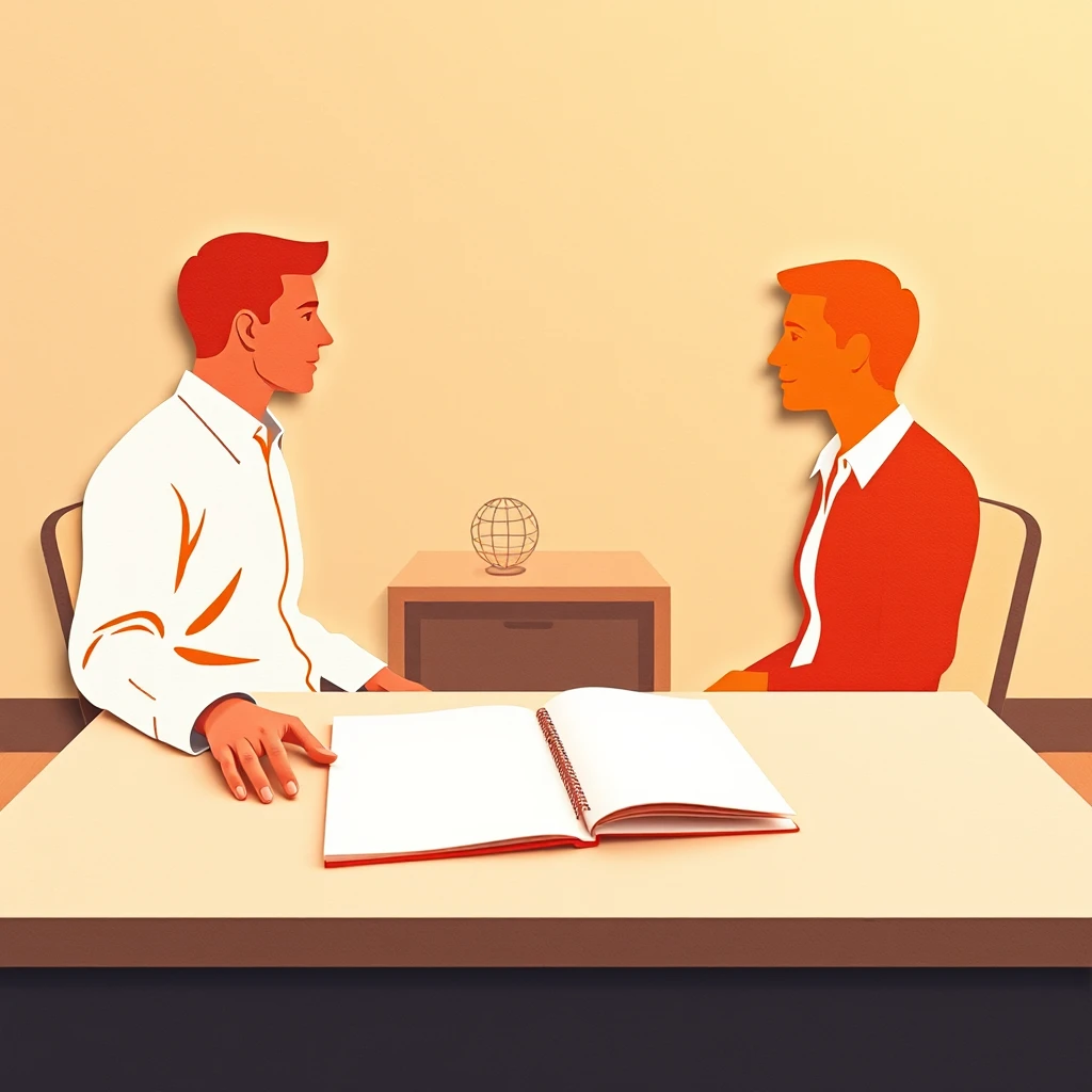 机をはさんで面談する2人の会社員の切り絵風イラスト