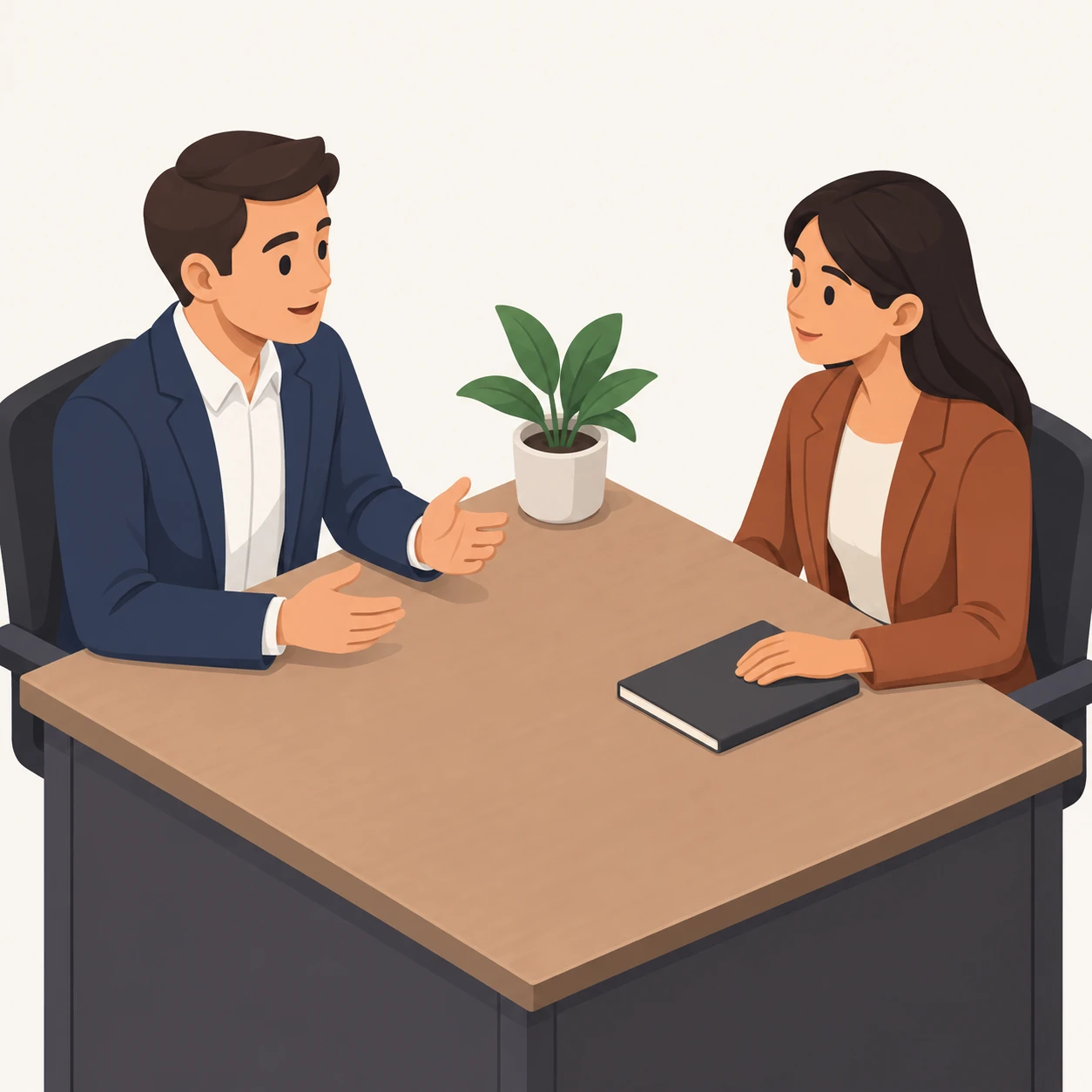 机をはさんで面談する2人の会社員のイラスト（アイソメトリック）
