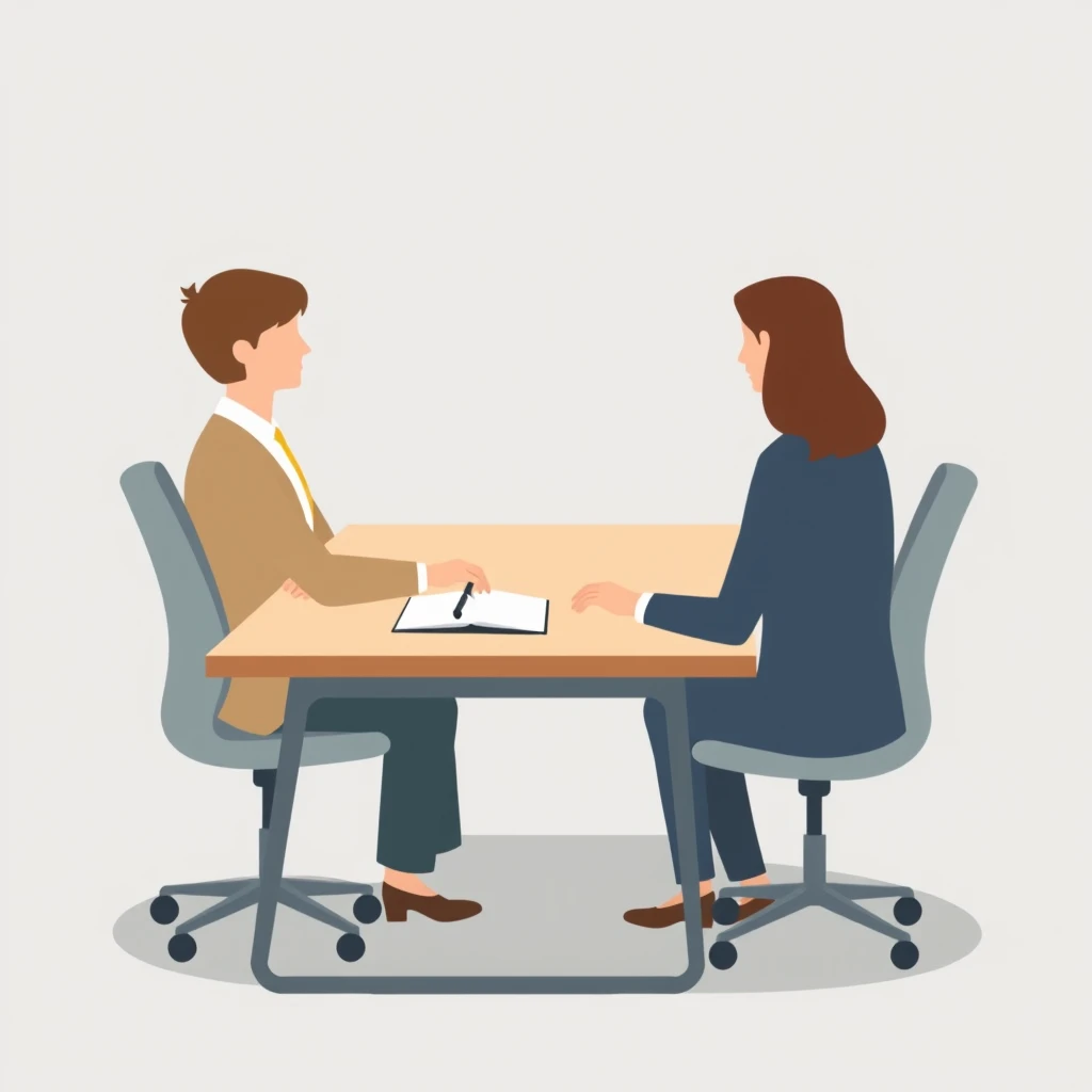 机をはさんで面談する2人の会社員のフラットイラスト