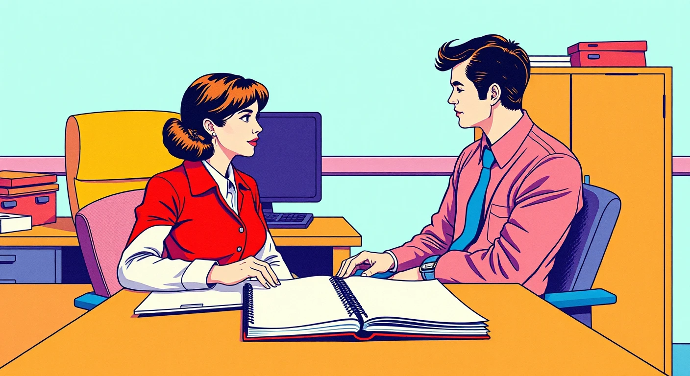 机をはさんで面談する2人の会社員のレトロ印刷風イラスト