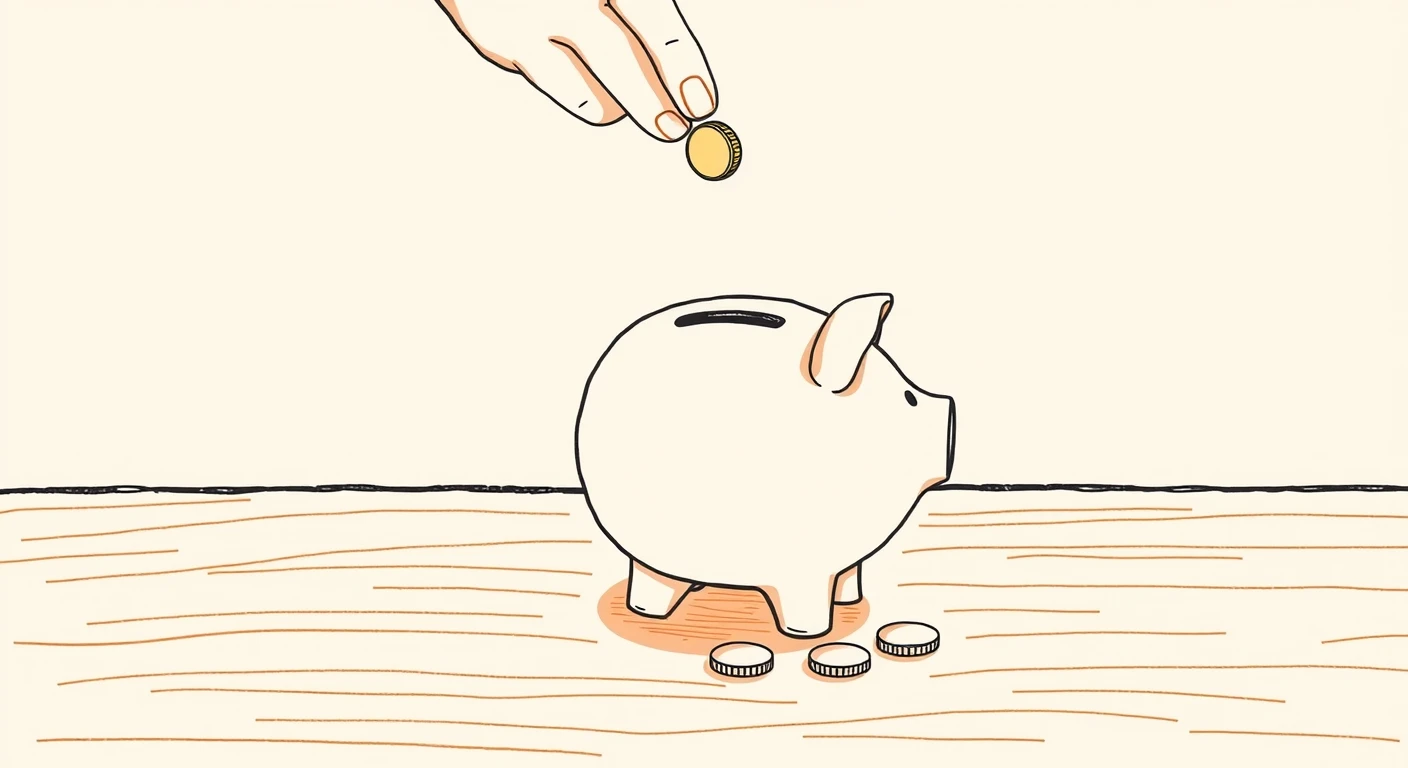貯金箱にコインを入れる手元の手描き風イラスト