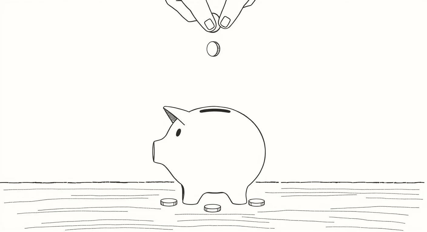 貯金箱にコインを入れる手元の手描き風イラスト
