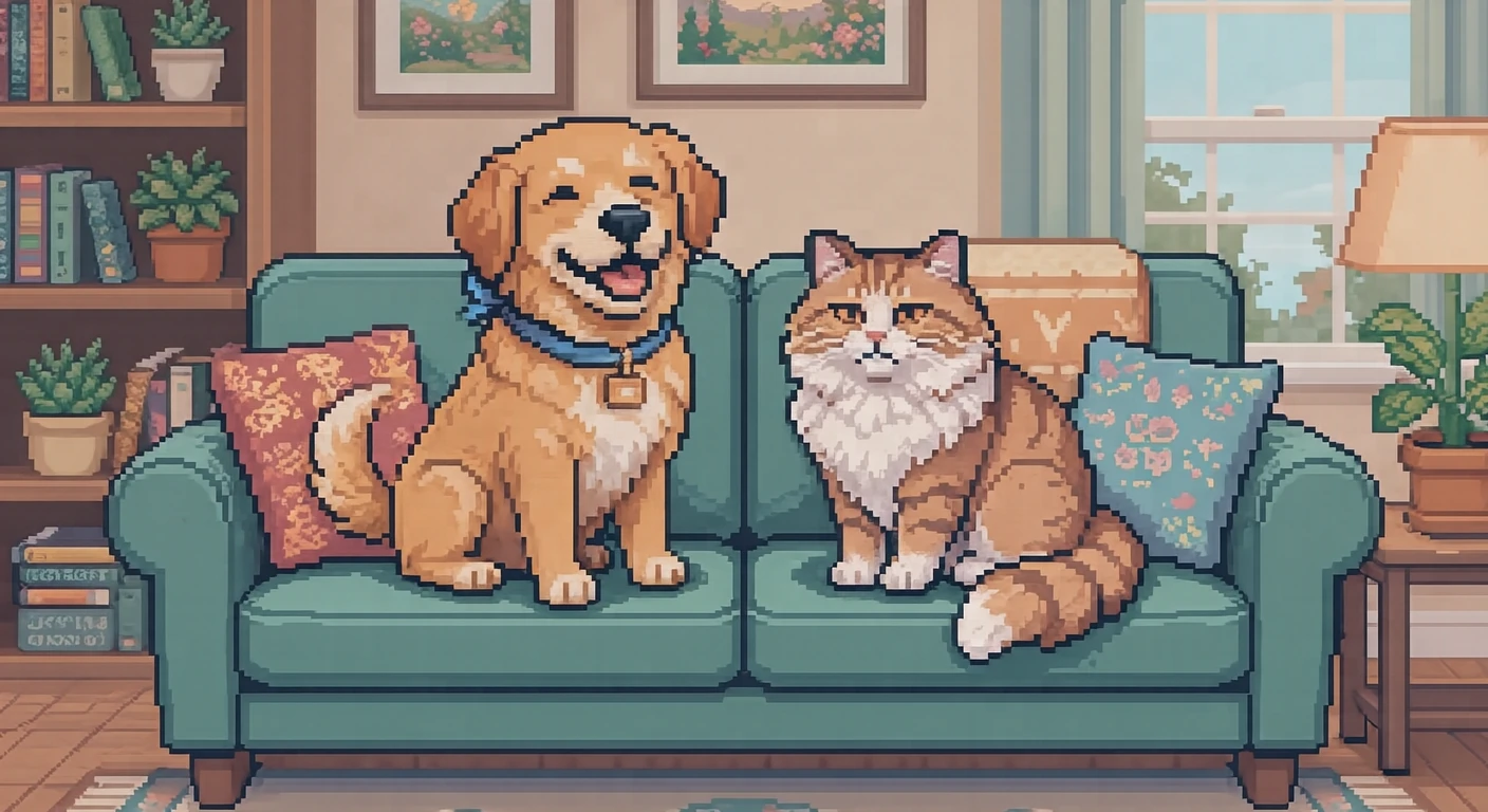 犬と猫と飼い主のイラスト（ドット絵）