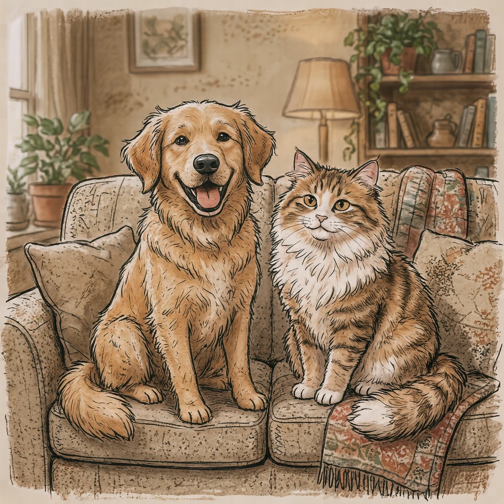 犬と猫と飼い主のイラスト（手描き風）