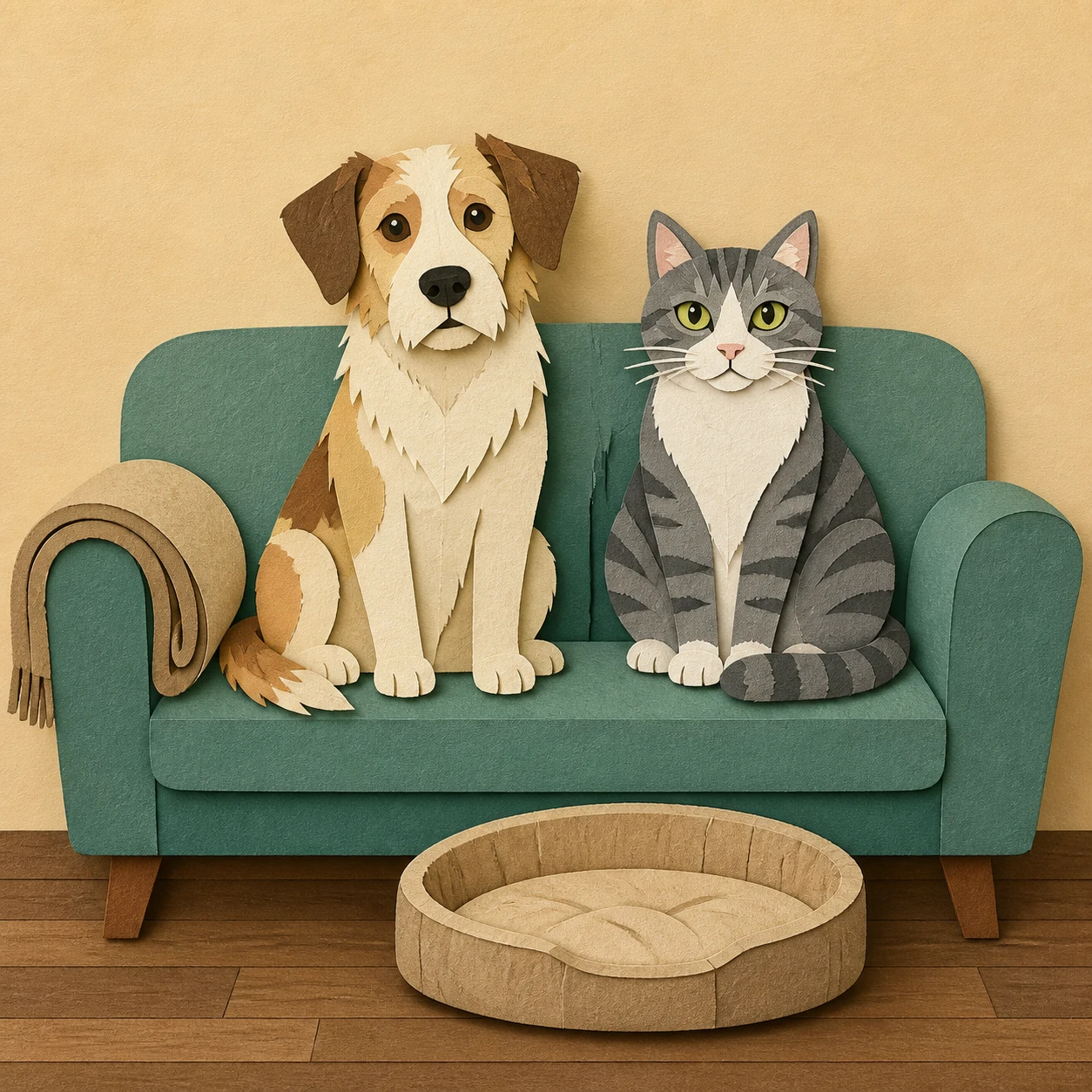 犬と猫と飼い主のイラスト（切り絵）