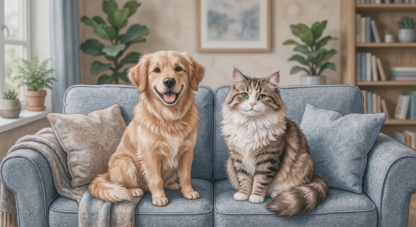 犬と猫と飼い主のイラスト（ソフトパステル）