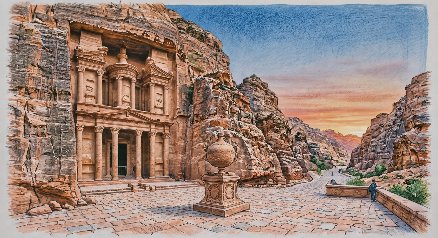 Illustration of the Monastery at Petra, a World Heritage Site (colored pencil)