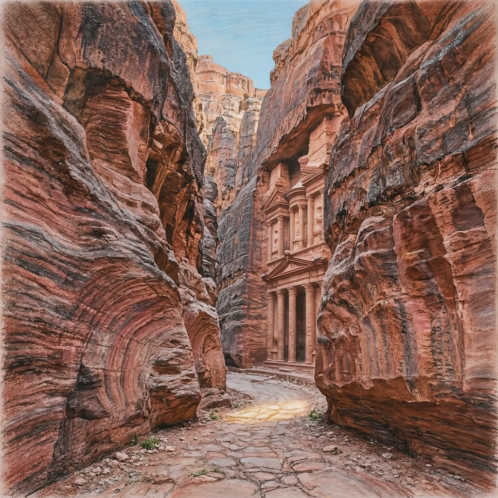 世界遺産・ペトラのシーク(岩の峡谷)のイラスト(色鉛筆)