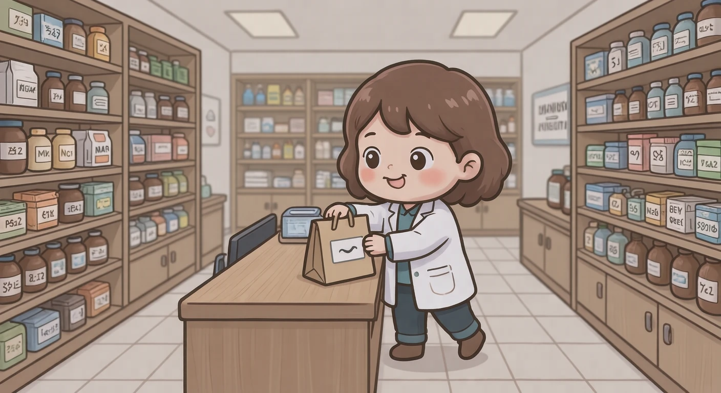 Illustration of one pharmacist in a white coat placing a plain paper bag on the counter, in a tidy pharmacy behind a low counter, during opening hours (chibi)
