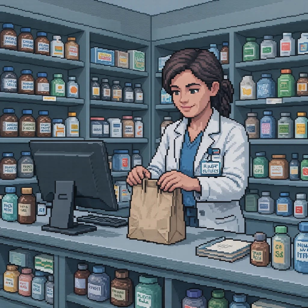 接客の薬局でカウンターに薬袋を置く薬剤師のイラスト（ドット絵）