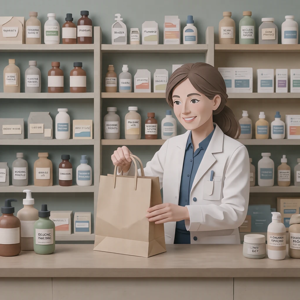 接客の薬局でカウンターに薬袋を置く薬剤師のイラスト（切り絵）