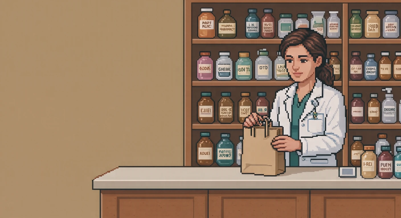 接客の薬局でカウンターに薬袋を置く薬剤師のイラスト（ドット絵）