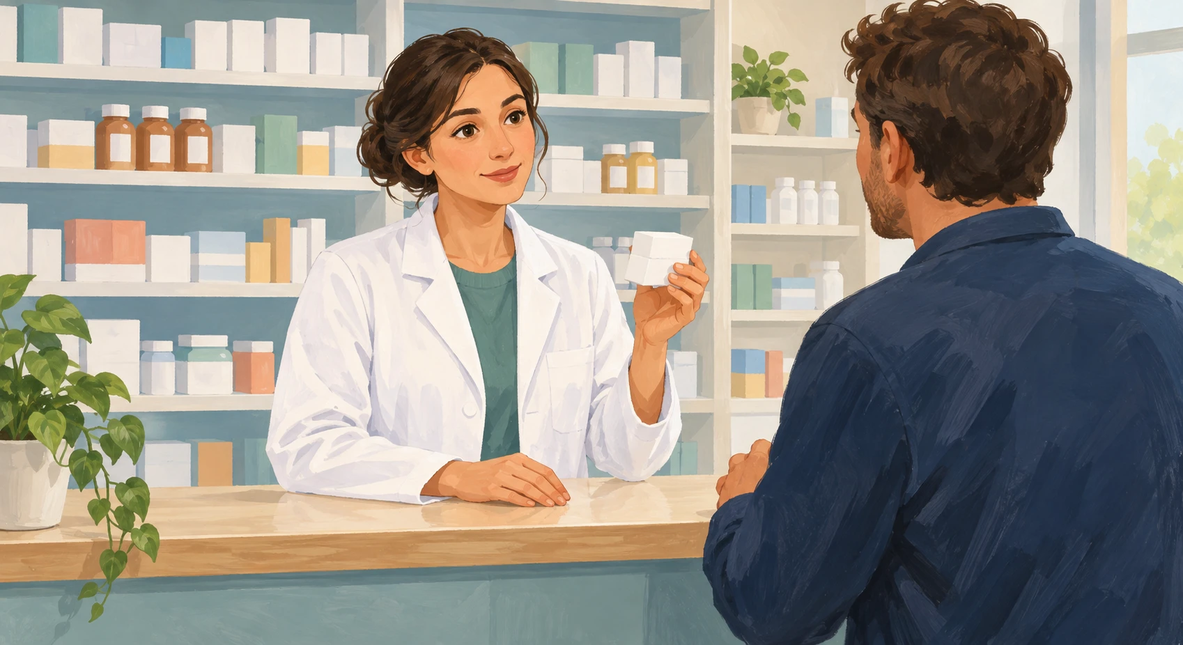 Illustration of one pharmacist in a white coat holding up a small plain medicine box and explaining it, in a tidy pharmacy behind a low counter, during opening hours (gouache)