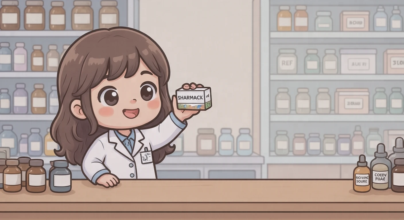 接客の薬局で薬の説明をする薬剤師のイラスト（デフォルメ）