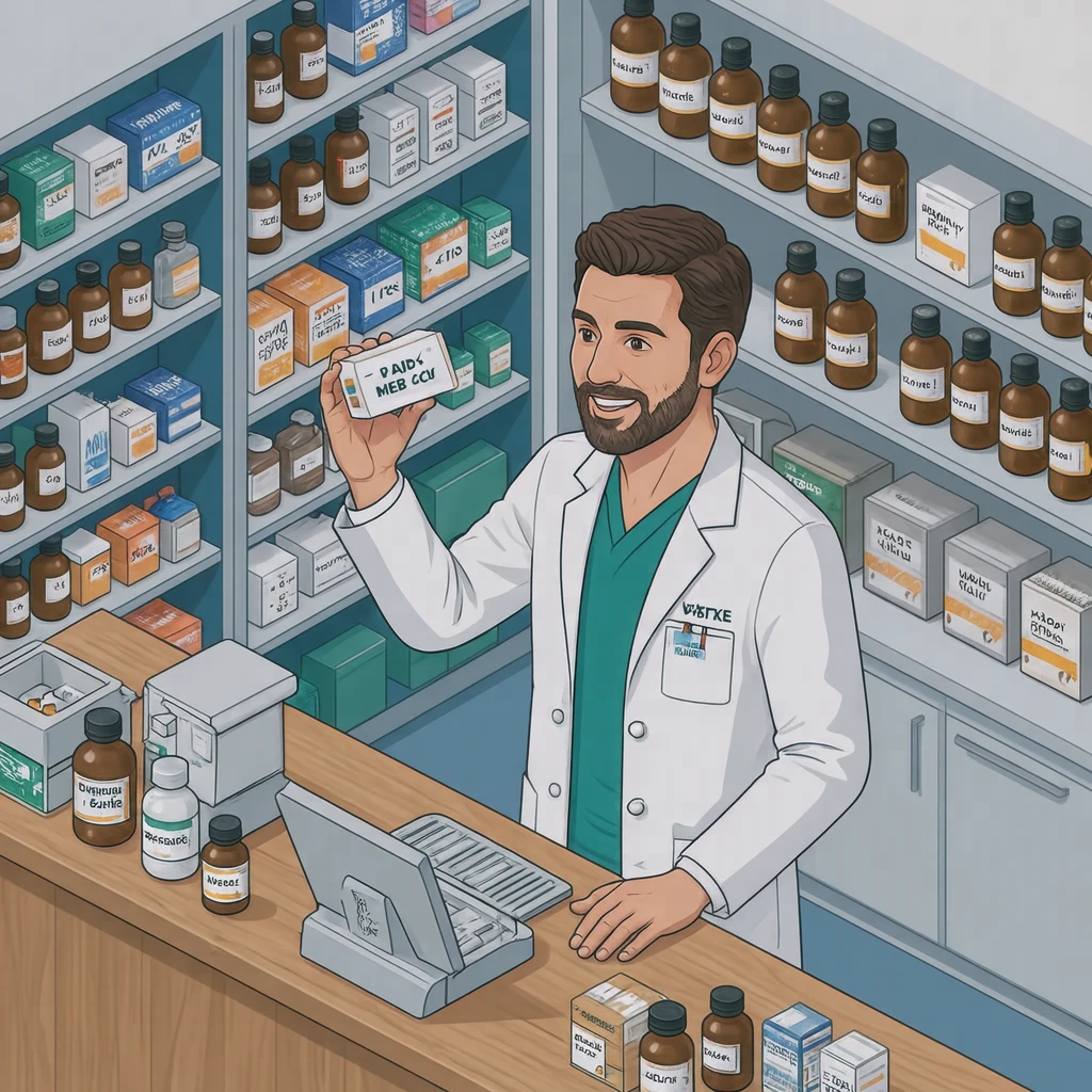 接客の薬局で薬の説明をする薬剤師のイラスト（アイソメトリック）