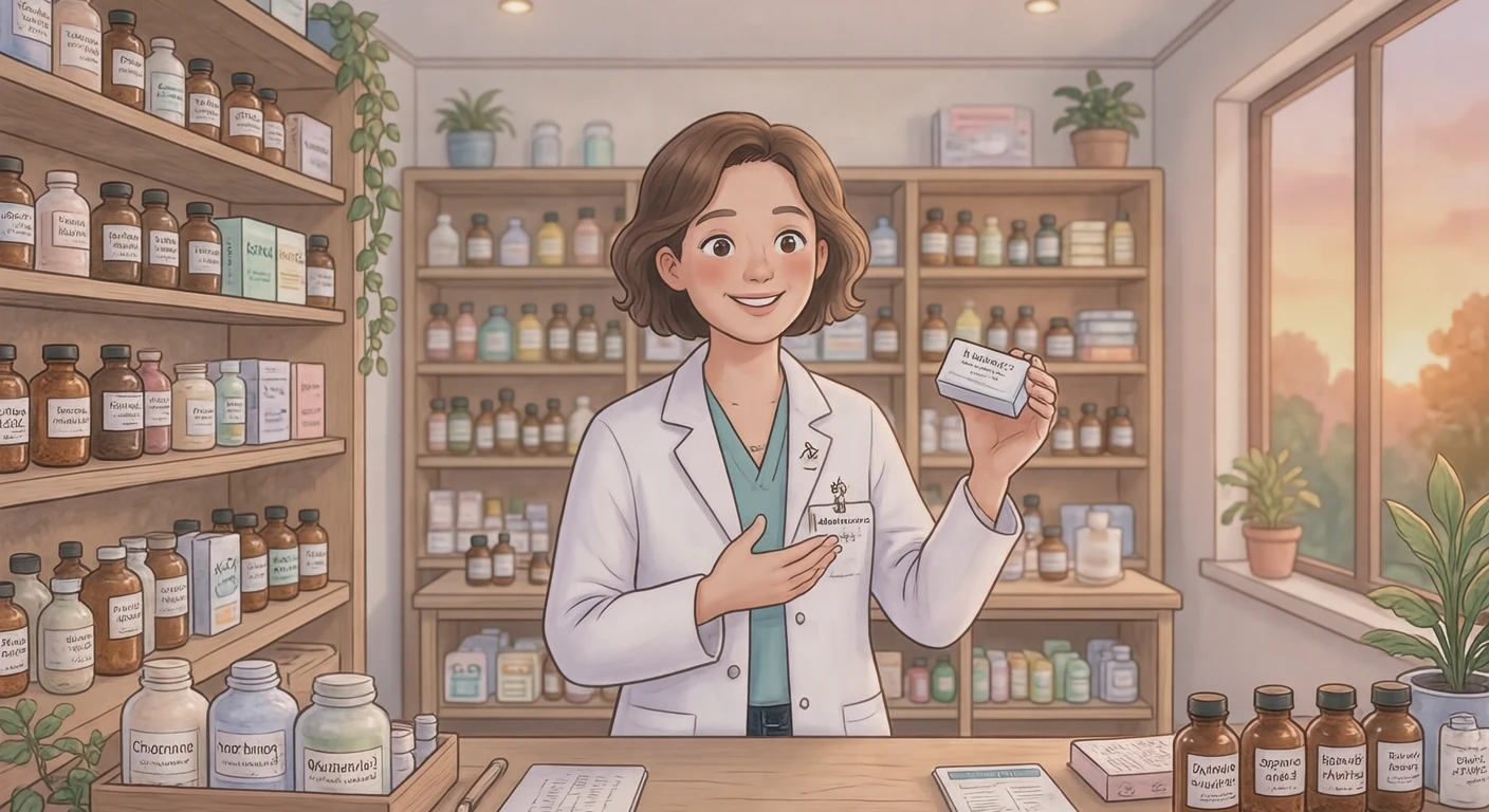 接客の薬局で薬の説明をする薬剤師のイラスト（ソフトパステル）