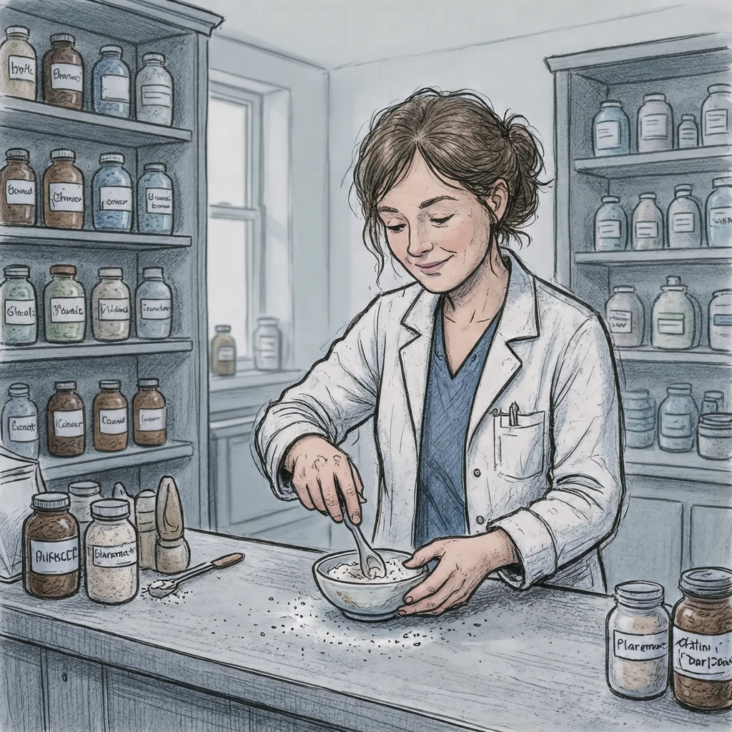 接客の薬局で粉薬を調合する薬剤師のイラスト（手描き風）