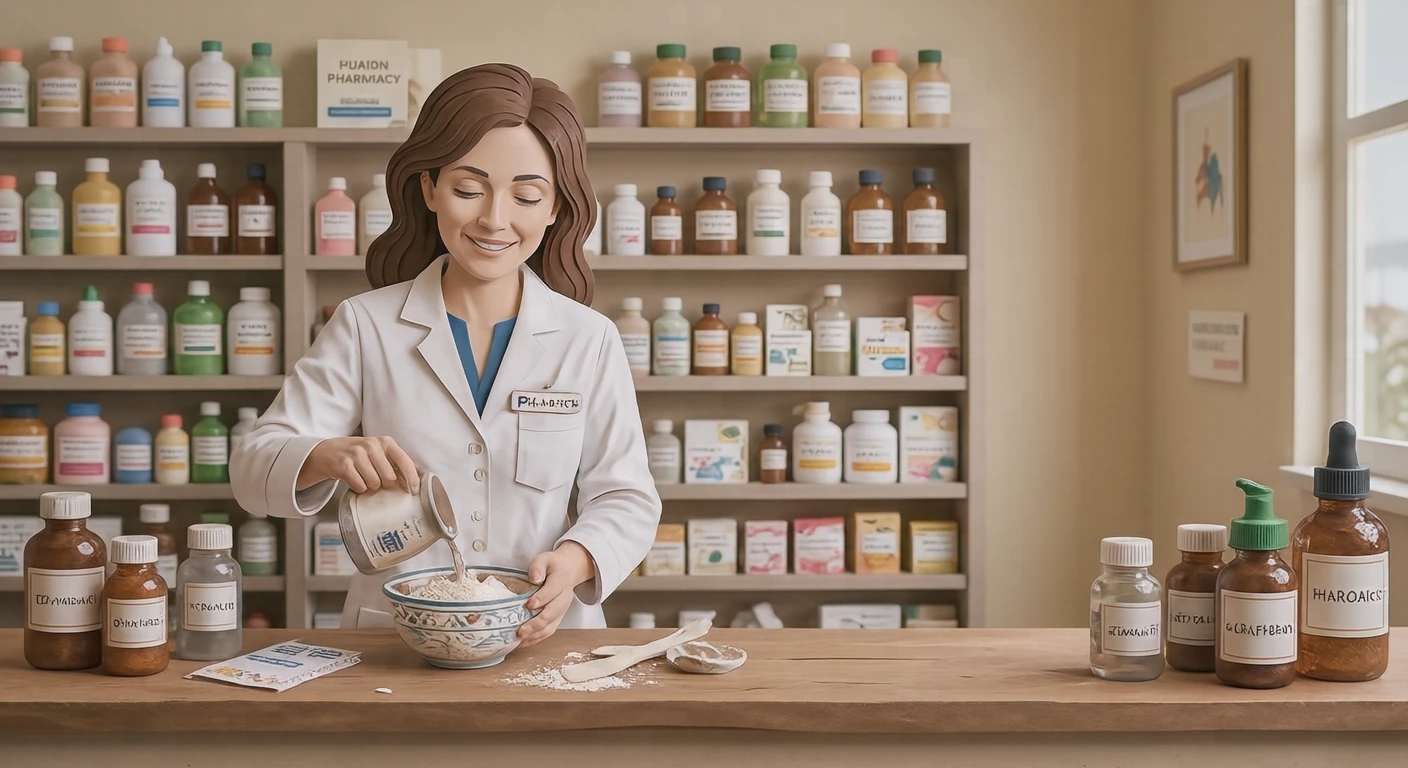 接客の薬局で粉薬を調合する薬剤師のイラスト（切り絵）