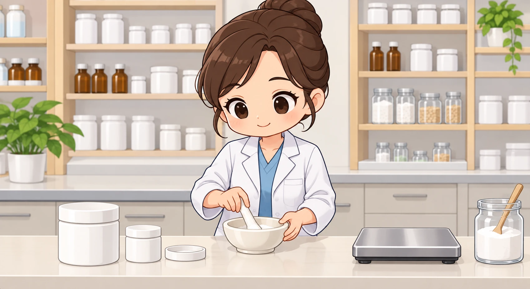 Illustration of one pharmacist in a white coat mixing powder in a small dish on the worktop, in a tidy pharmacy behind a low counter, during opening hours (chibi)