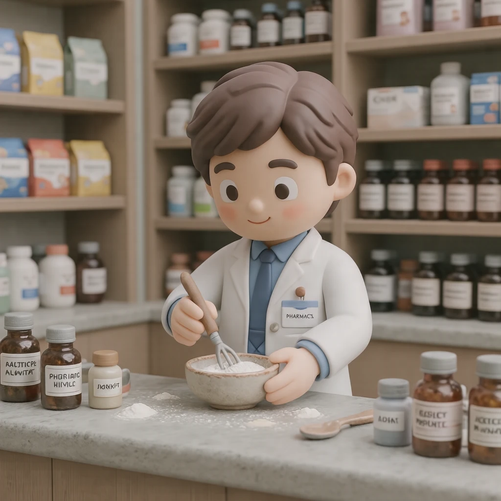 接客の薬局で粉薬を調合する薬剤師のイラスト（ソフト3D）
