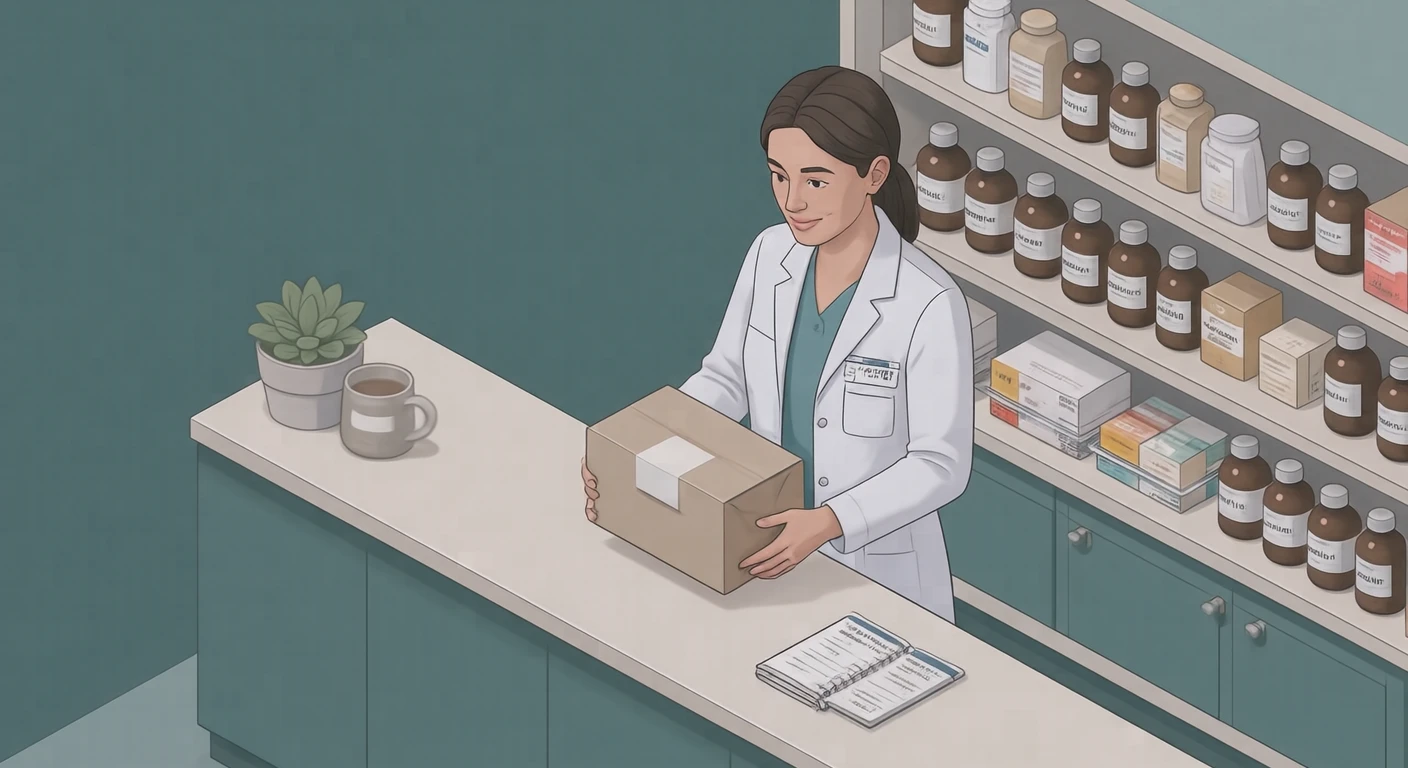 接客の薬局で棚から薬を取る薬剤師のイラスト（アイソメトリック）