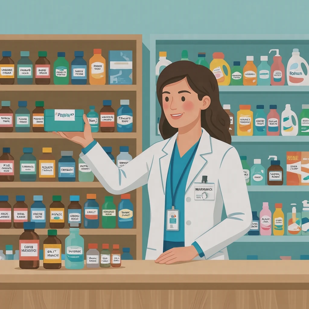 接客の薬局で棚から薬を取る薬剤師のイラスト（フラットイラスト）