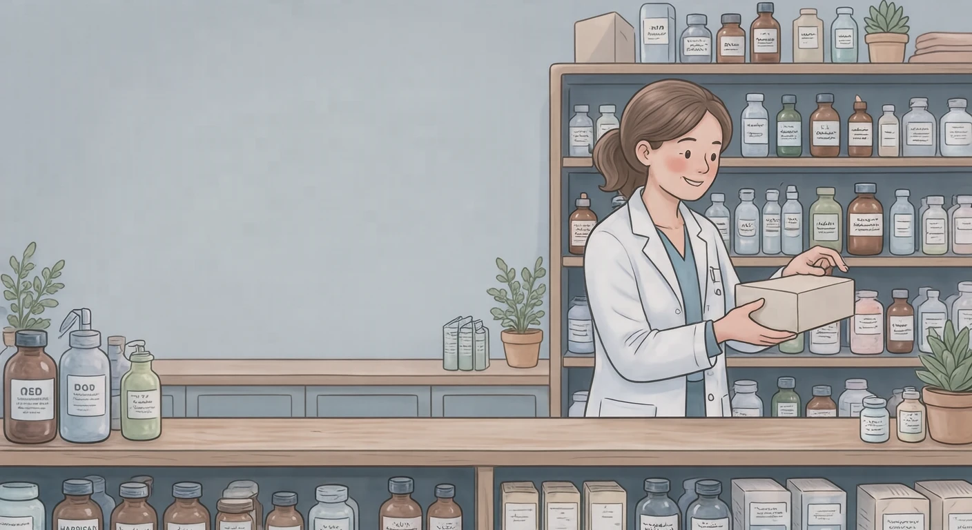 接客の薬局で棚から薬を取る薬剤師のイラスト（ソフトパステル）