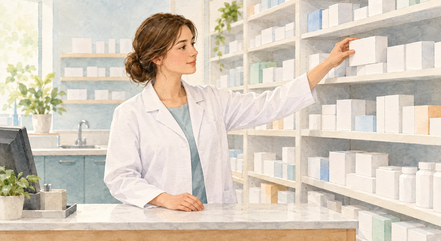 Illustration of one pharmacist in a white coat taking a plain box from the medicine shelf, in a tidy pharmacy behind a low counter, during opening hours (watercolor)