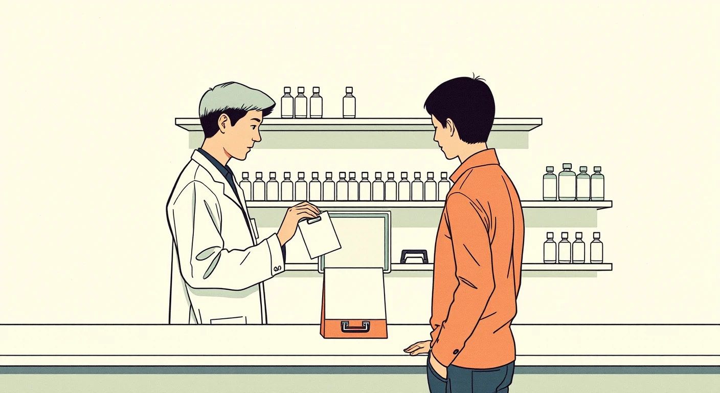 薬局のカウンターに処方薬を出す薬剤師のイラスト