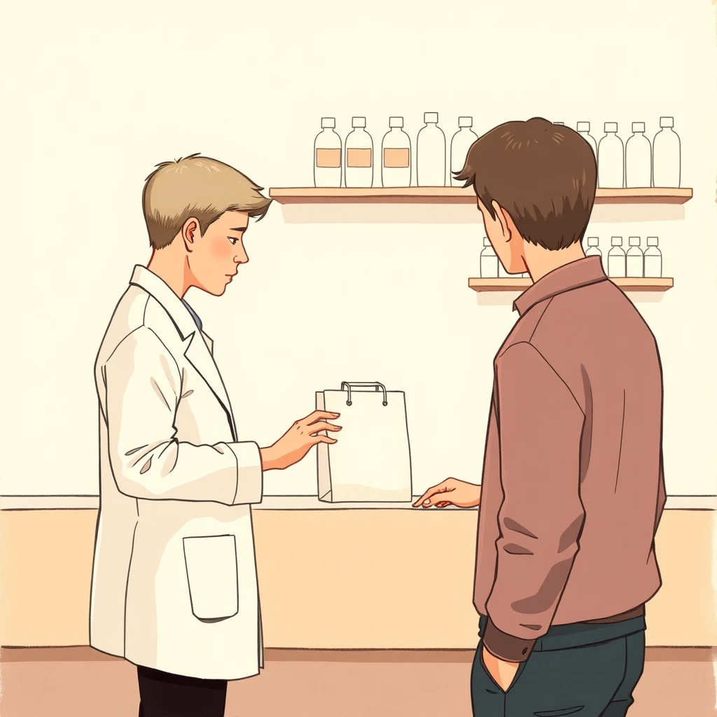 薬局のカウンターに処方薬を出す薬剤師のイラスト