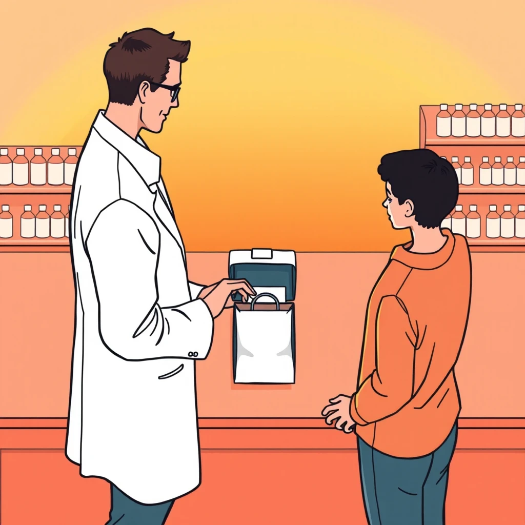 薬局のカウンターに処方薬を出す薬剤師のイラスト