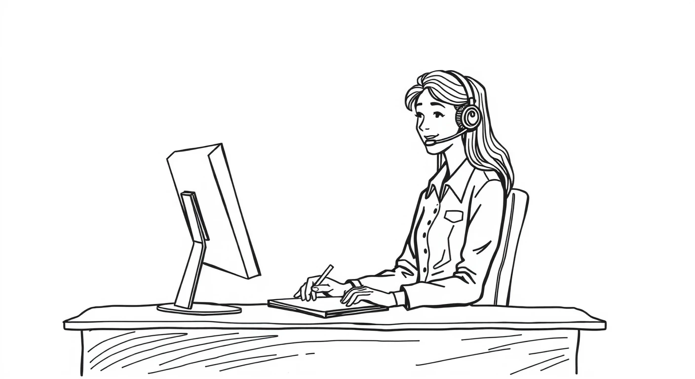 ヘッドセットをつけて電話対応するオペレーターの手描き風イラスト