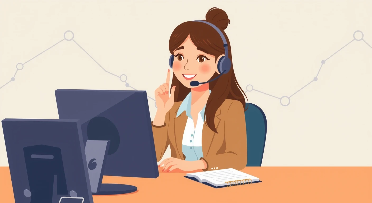 ヘッドセットをつけて電話対応するオペレーターのフラットイラスト