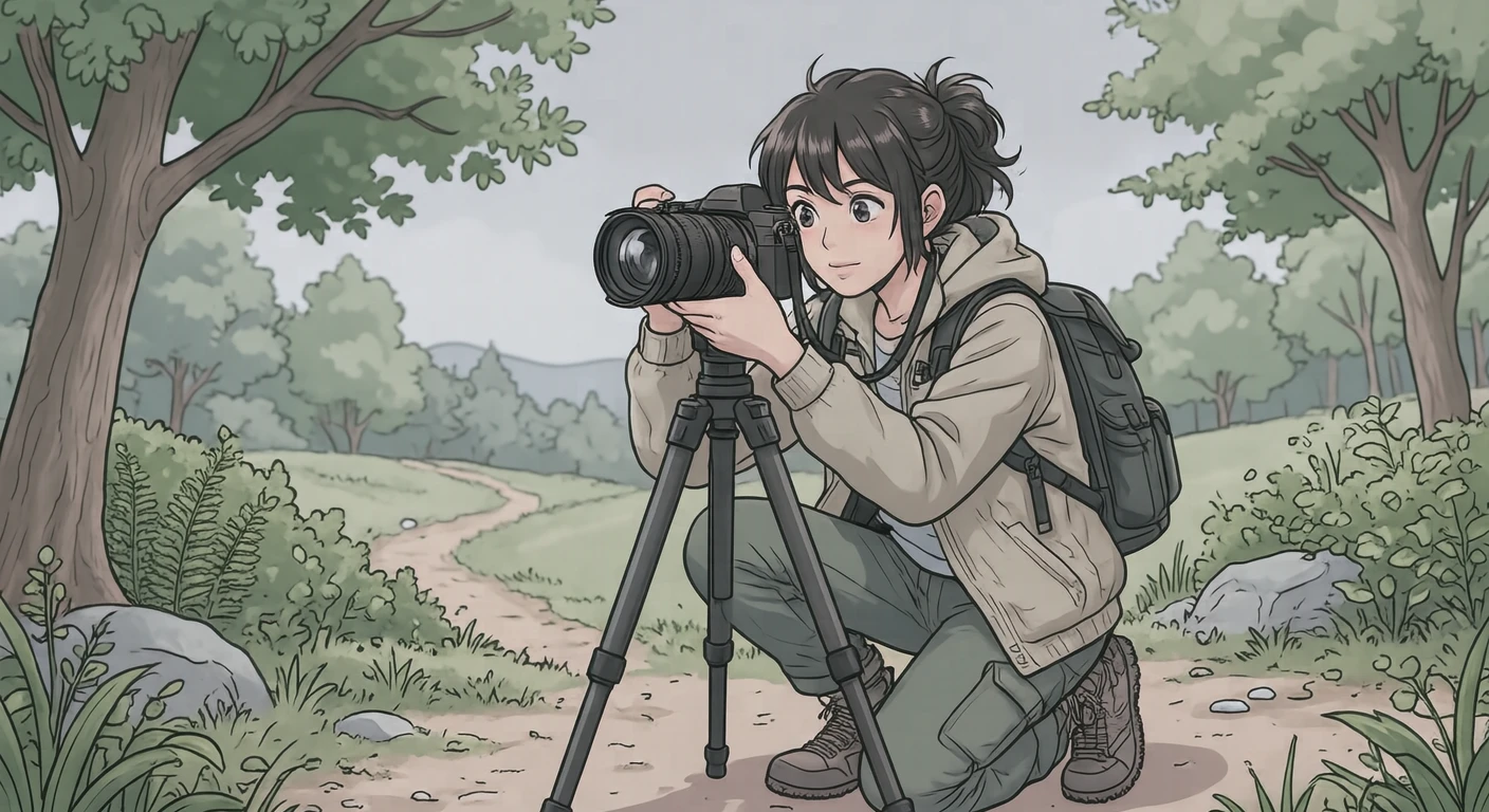 屋外でカメラを構える写真愛好家のイラスト（アニメ塗り）