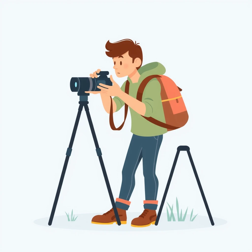 屋外でカメラを構える写真愛好家のフラットイラスト