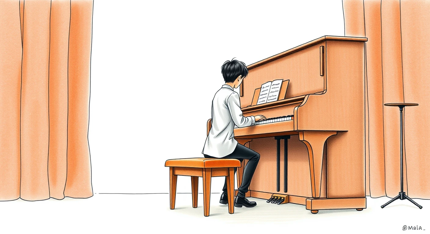 発表会でピアノを弾く生徒のイラスト