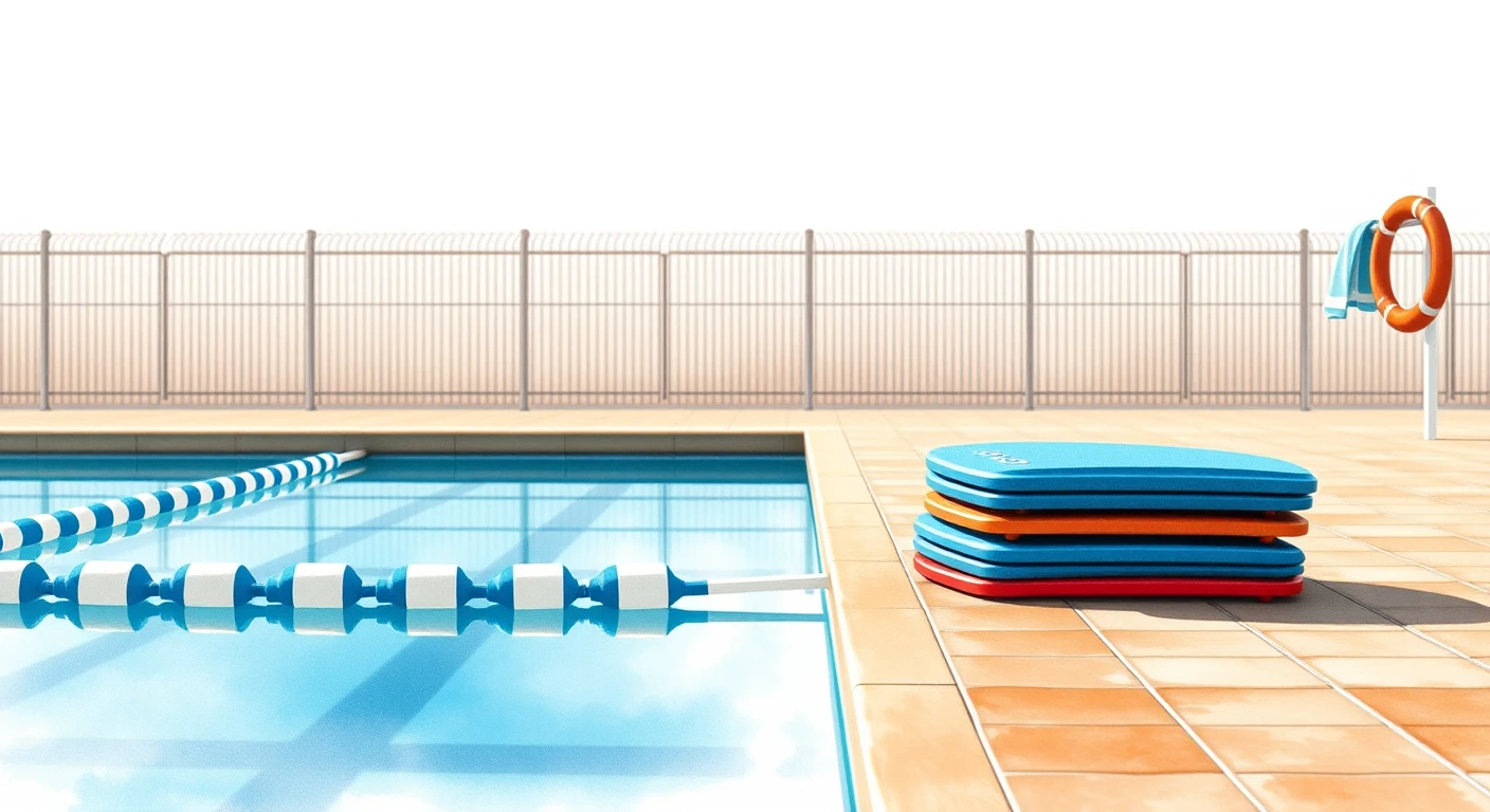 Flat illustration of kickboards and a lane rope at a school poolside