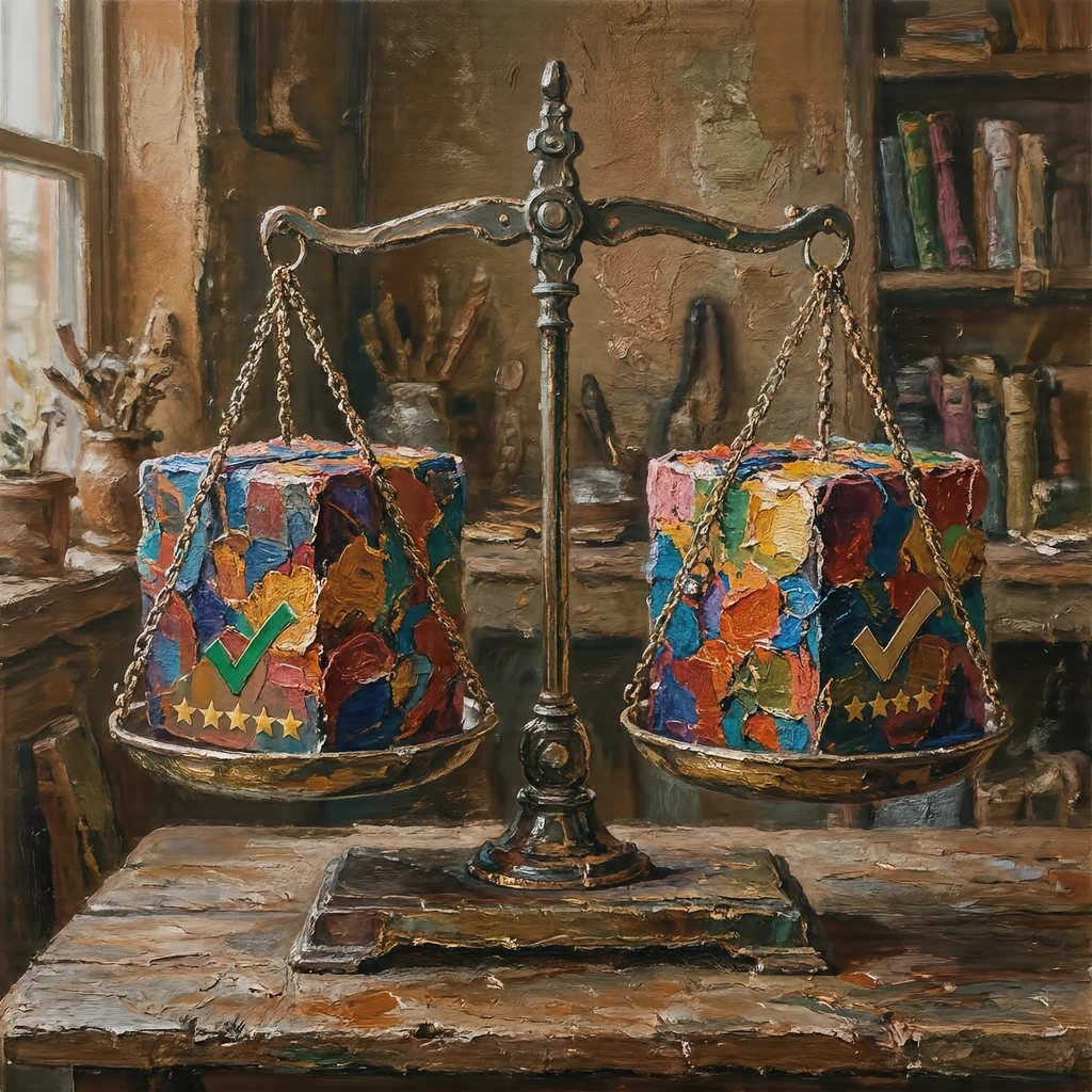 Illustration of product comparison and review (oil painting)