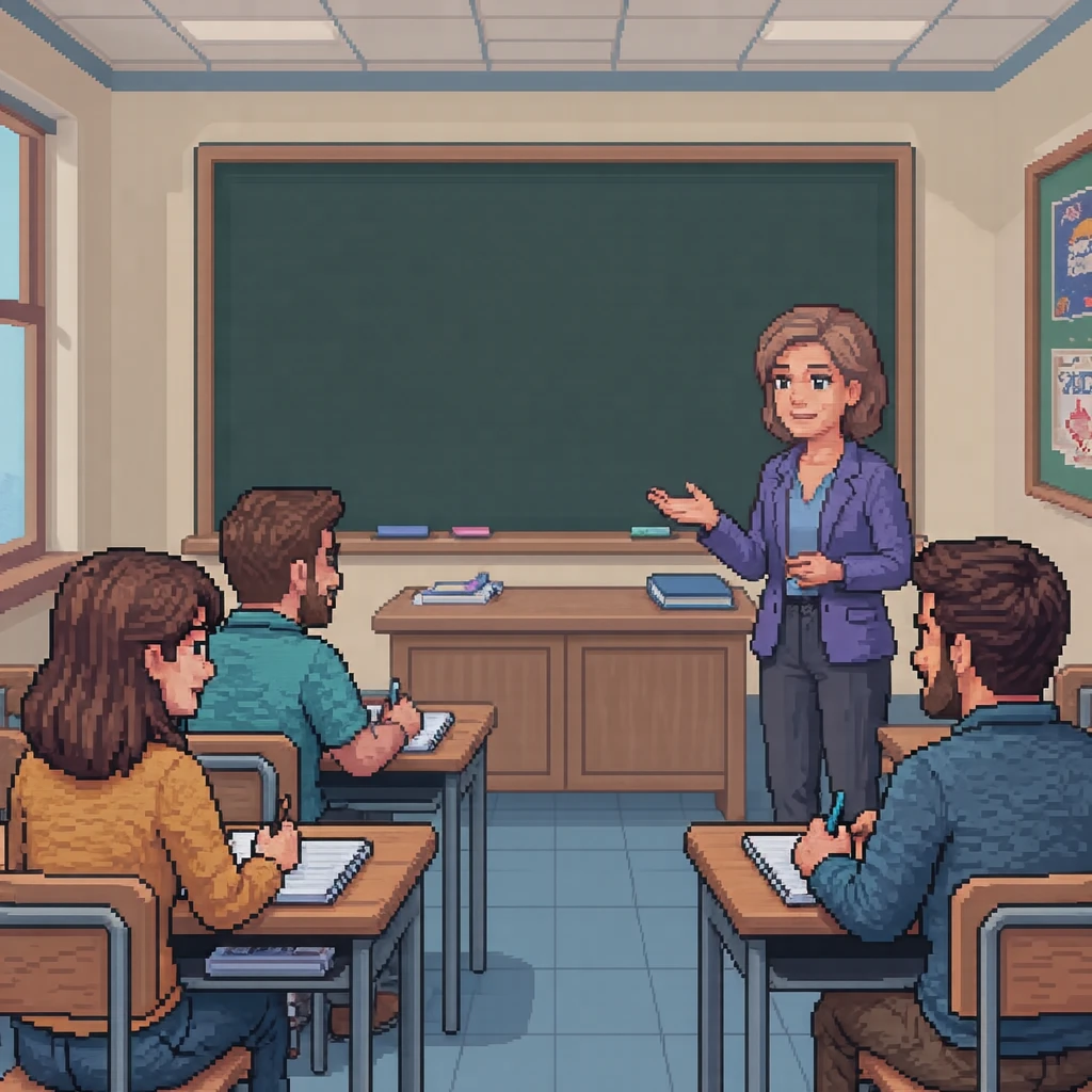 保護者会で話し合う保護者と先生のイラスト（ドット絵）
