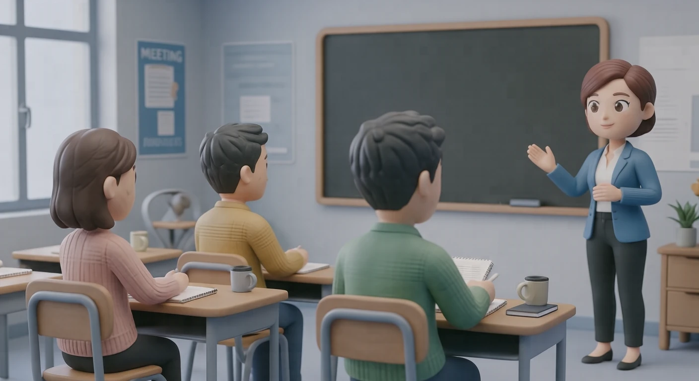 保護者会で話し合う保護者と先生のイラスト（ソフト3D）
